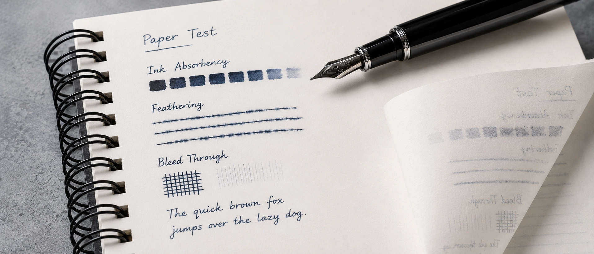 Fountain pen writing test on custom notebook bulk paper stock inspecting ink absorbency, feathering, and bleed-through Fountain pen writing test on custom notebook bulk paper stock inspecting ink absorbency, feathering, and bleed-through