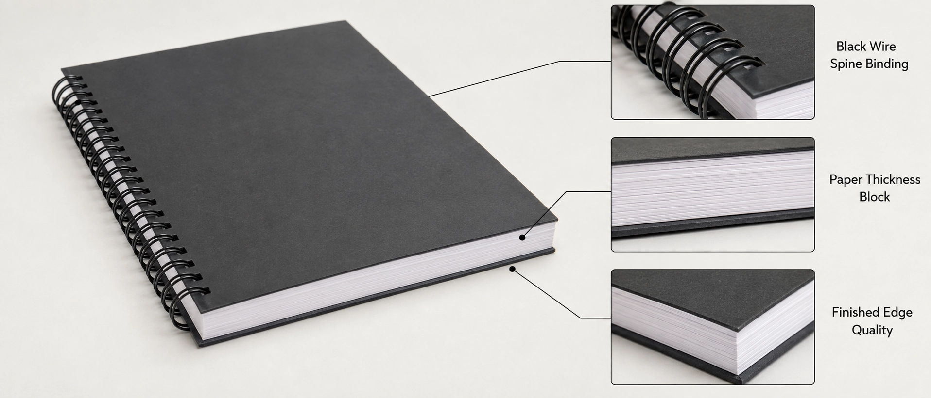 Physical sample inspection of custom coil bound notebook showing black wire spine binding, paper thickness block, and finished edge quality Physical sample inspection of custom coil bound notebook showing black wire spine binding, paper thickness block, and finished edge quality
